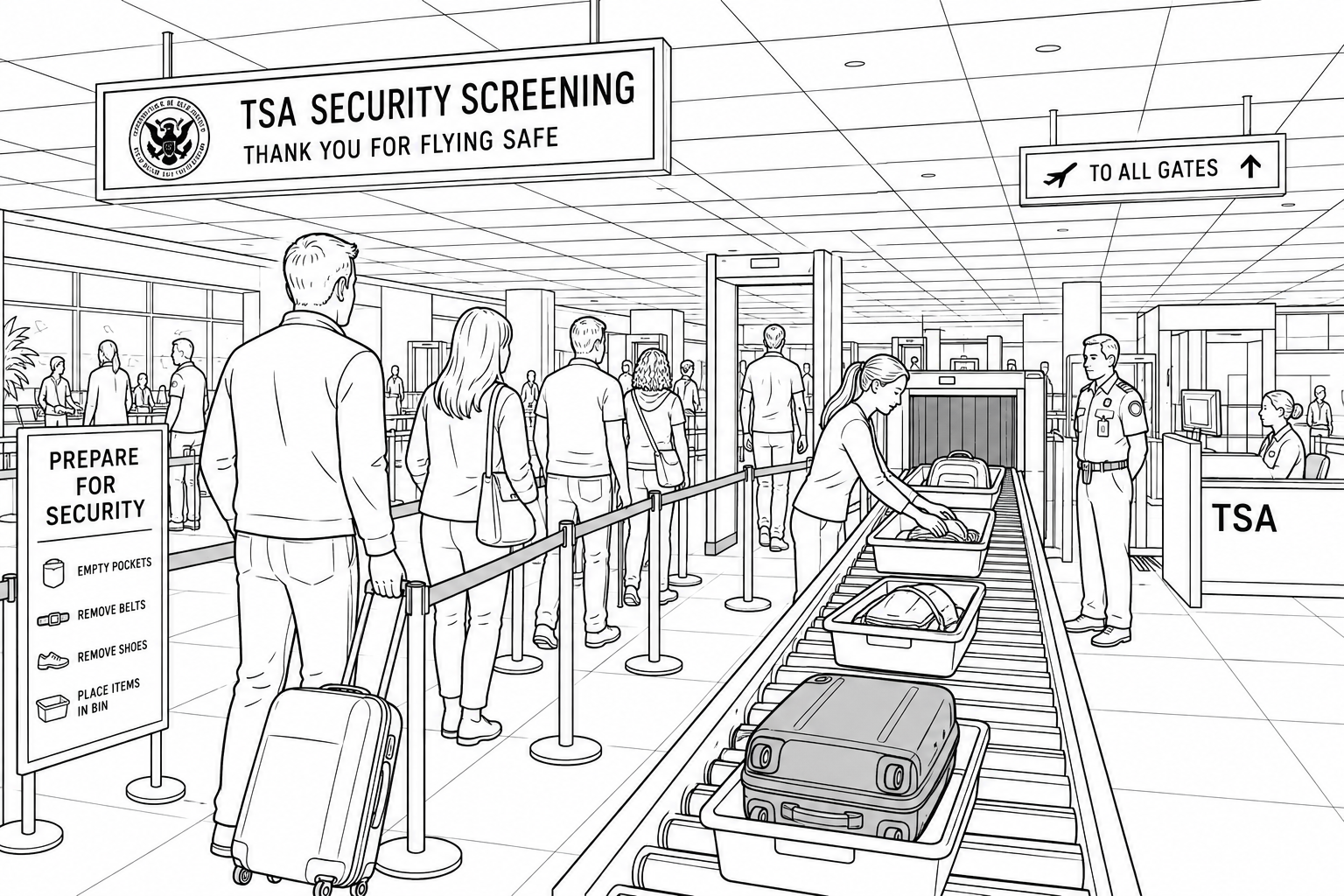 Travelers and their bags in an airport security screening line.