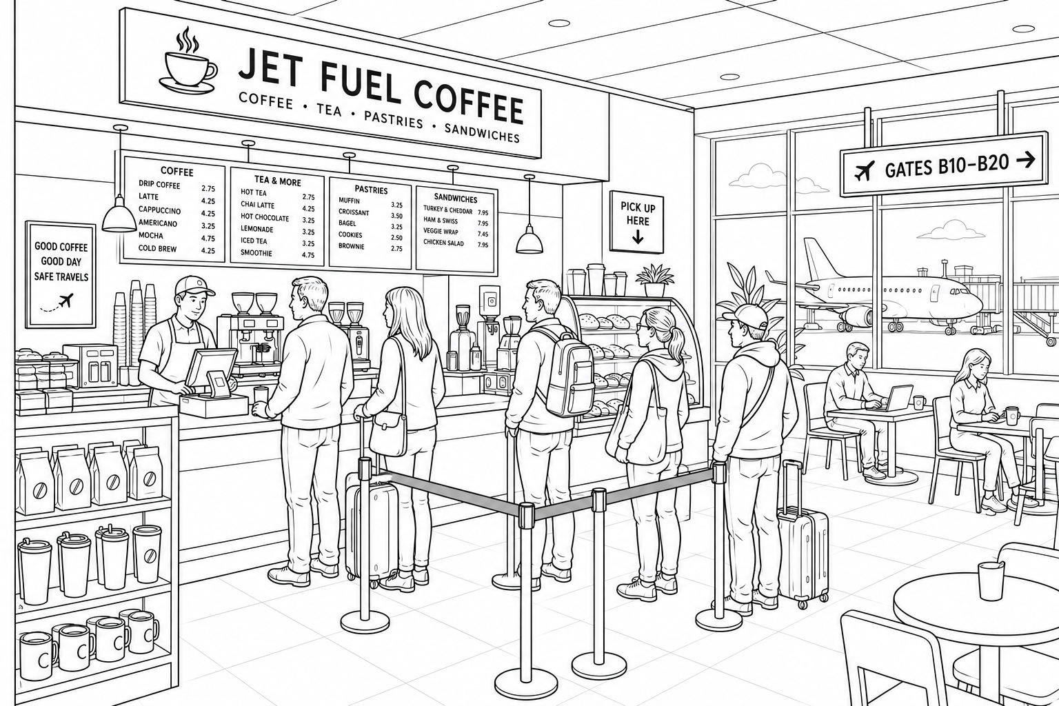 Customers at an airport coffee shop near gates B10–B20.