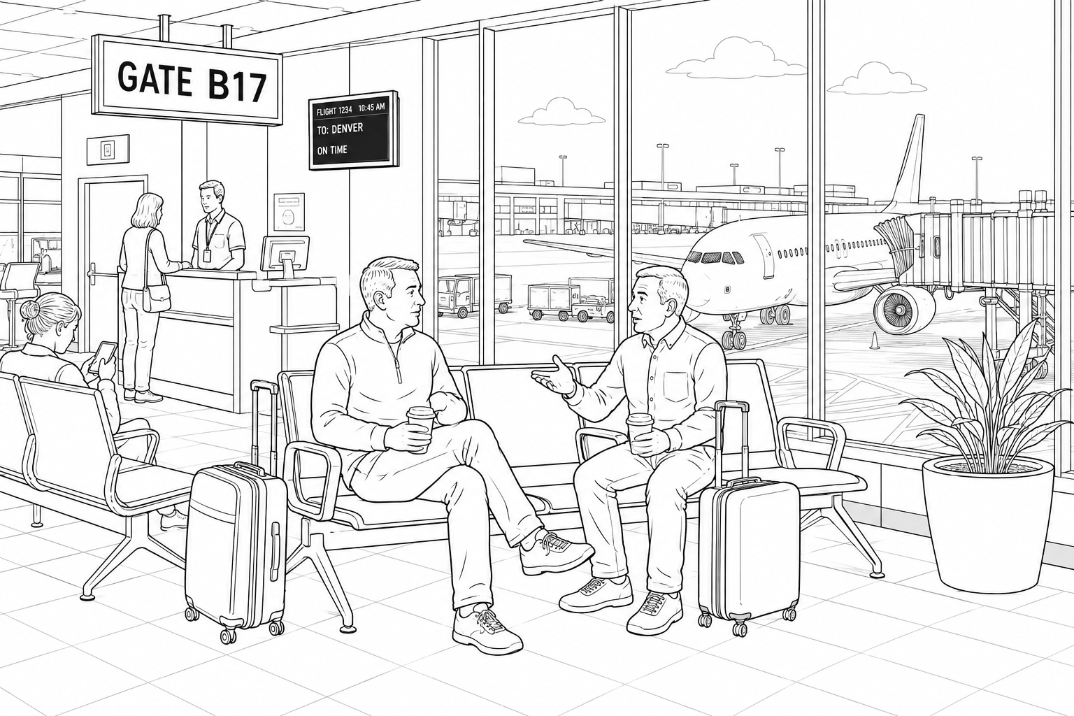 Two men talking at Gate B17 with an aircraft outside.