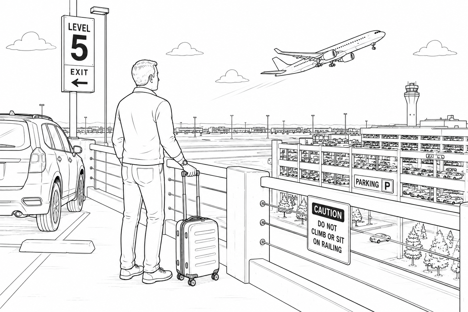 A traveler watching an airliner from the top deck of a parking garage.