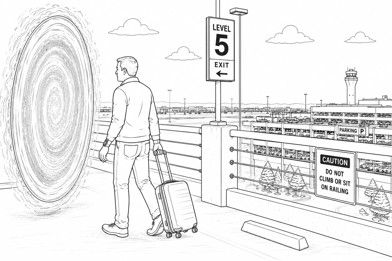 A traveler with a rolling bag facing a spiral portal.